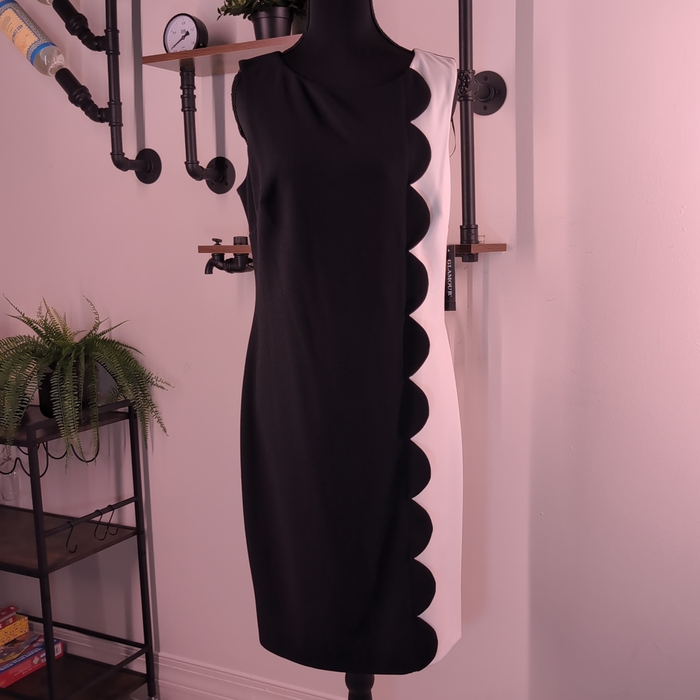 Edgy Glamour Scalloped Colorblock Sheath in Black/White. Perfect for Office